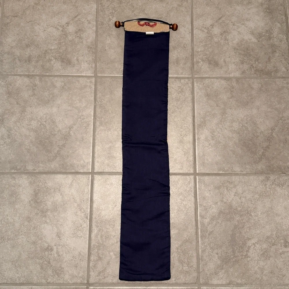 Vintage NOEL Needlepoint Vertical Tapestry Wall Hanging in Cream and Navy